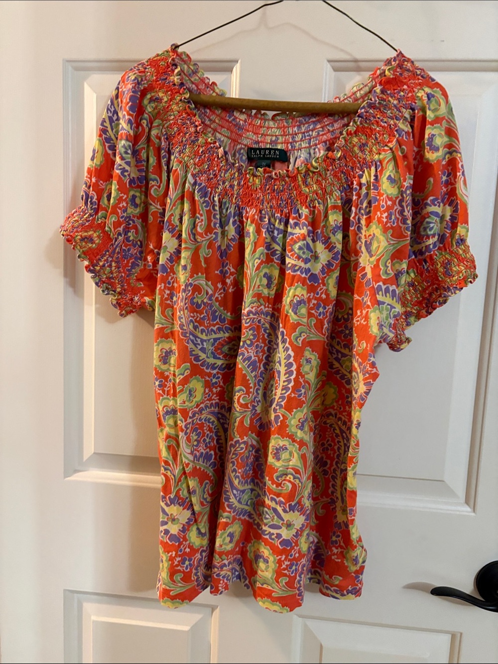Lauren Ralph Lauren Orange Paisley Smocked Off-Shoulder Blouse